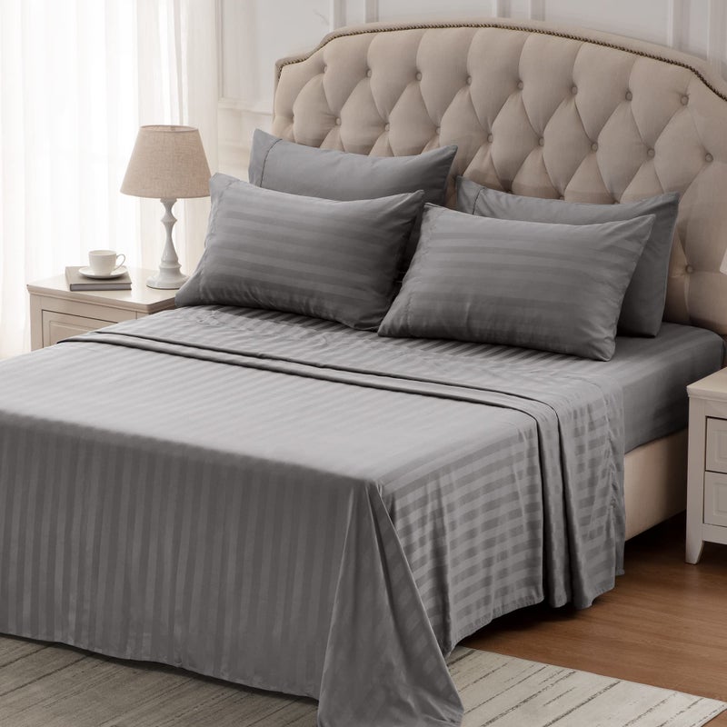 SLEEP ZONE مجموعة ملاءات تبريد مخططة من SLEEP ZONE مقاس كينغ - طقم ملاءات مسطحة وأغطية وسائد 4 قطع - ملاءة سرير مخططة فائقة النعومة وجيب عميق سهل العناية (Gull Gray King) - Image 5